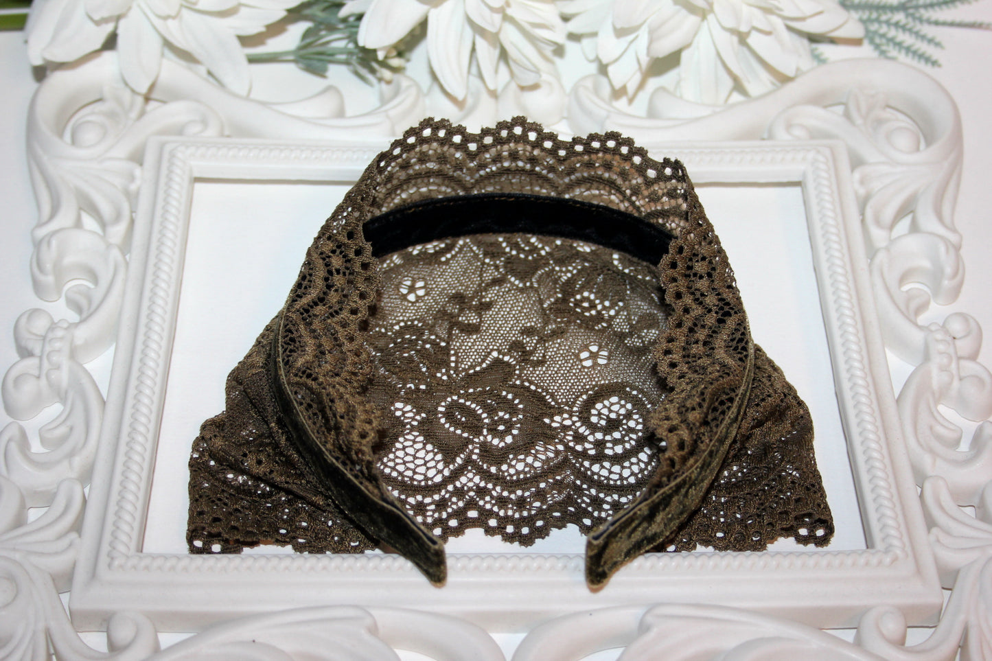 Army Green prayer veil 6"inch Christian lace headband Structured religious head cover, plastic free