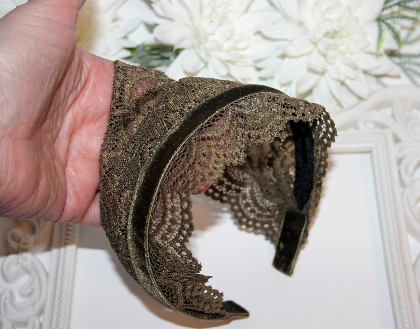 Army Green prayer veil 6"inch Christian lace headband Structured religious head cover, plastic free