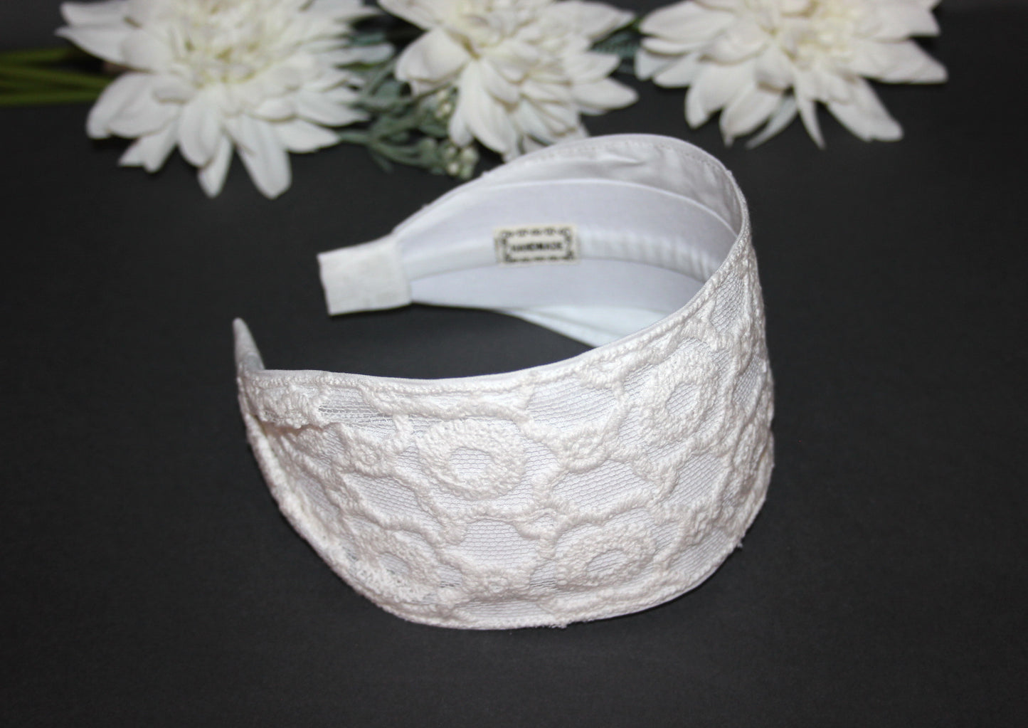 Embroidered tull headband 3.2" inch Off White embroidery hair scarf