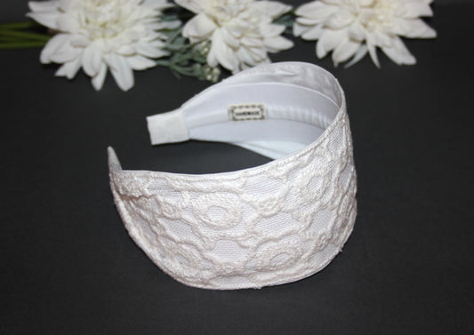Embroidered tull headband 3.2" inch Off White embroidery hair scarf