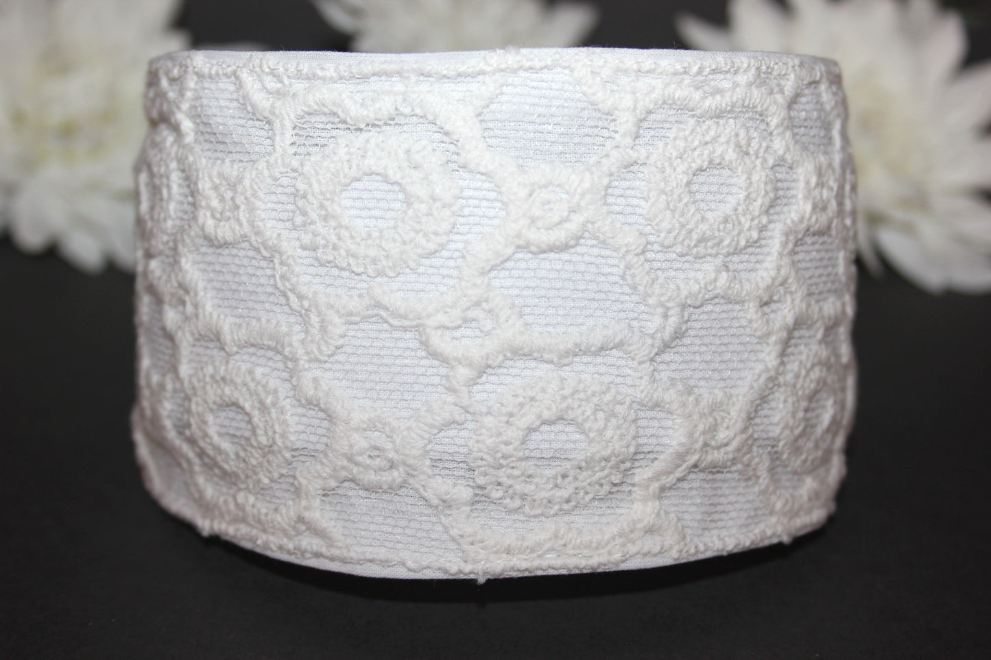 Embroidered tull headband 3.2" inch Off White embroidery hair scarf