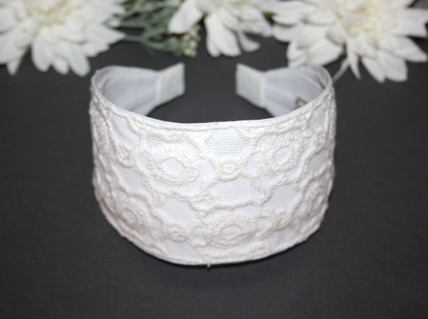 Embroidered tull headband 3.2" inch Off White embroidery hair scarf