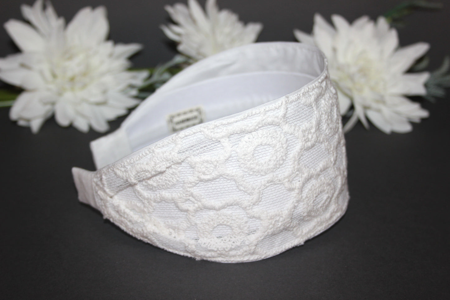 Embroidered tull headband 3.2" inch Off White embroidery hair scarf
