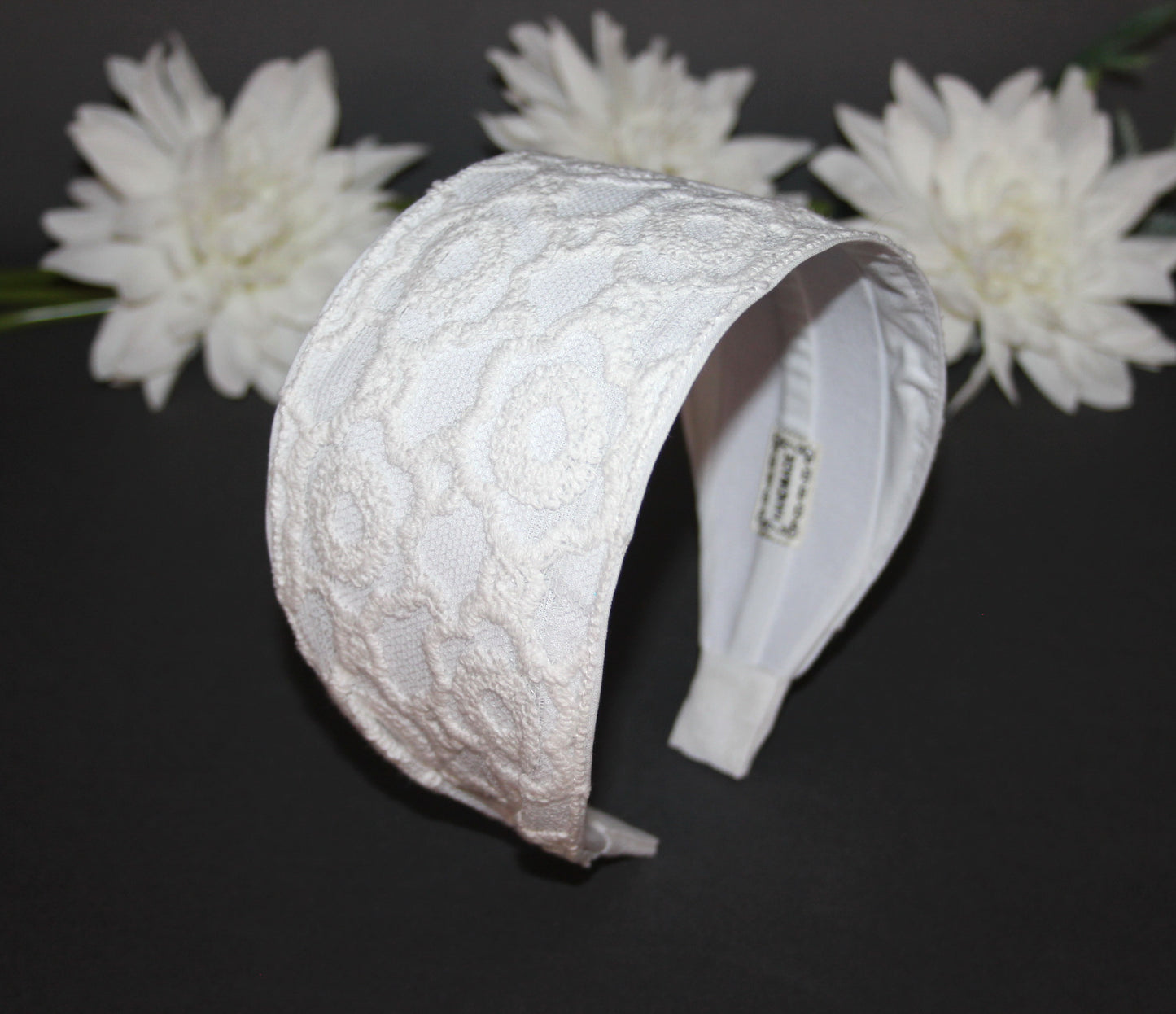 Embroidered tull headband 3.2" inch Off White embroidery hair scarf