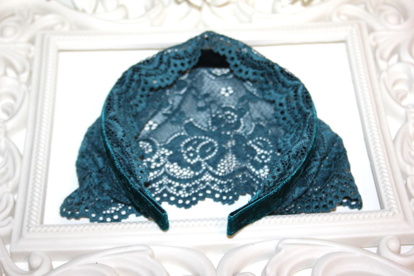 Dark Teal Blue lace headband 6"inch Christian veil Structured head cover, plastic free