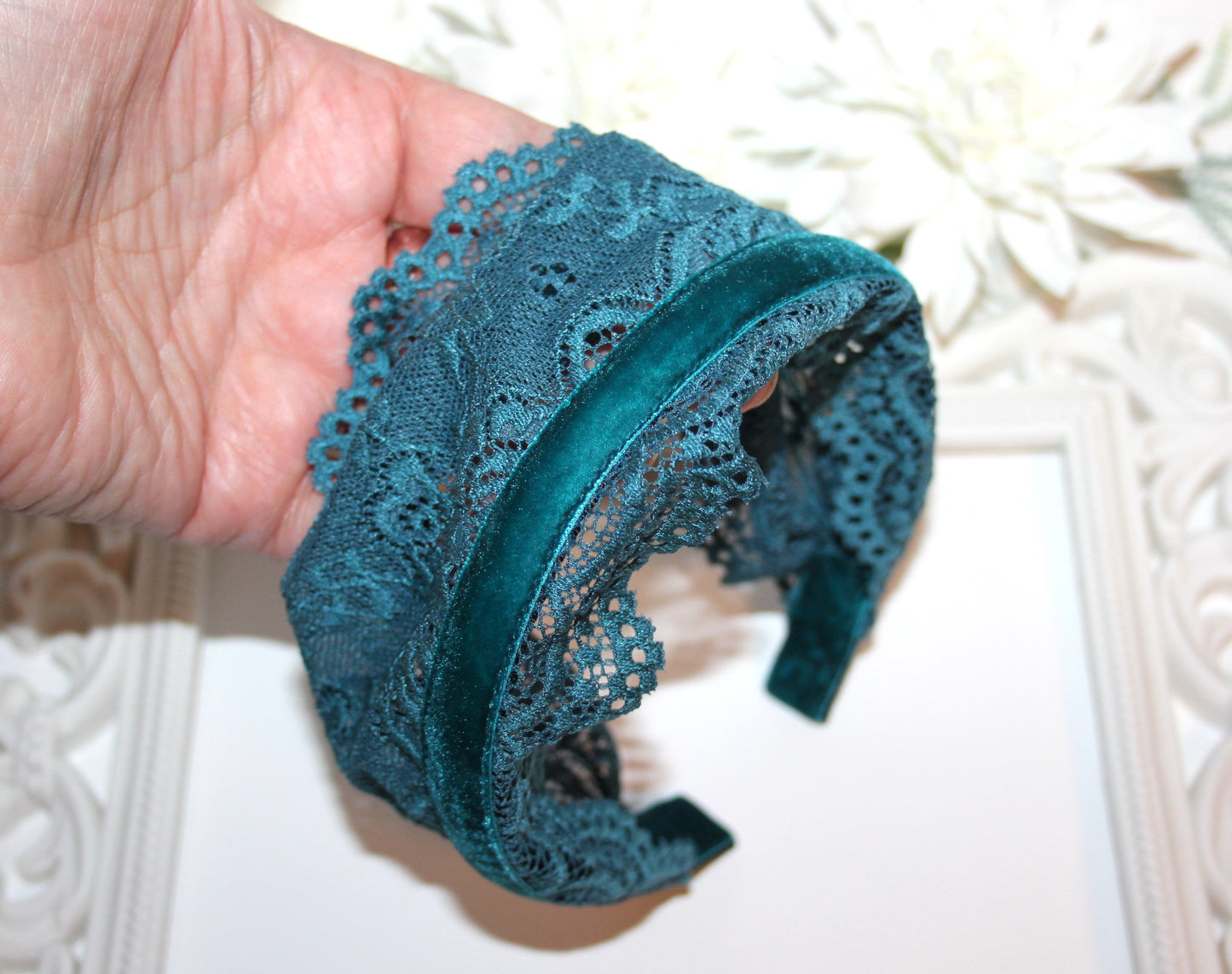 Dark Teal Blue lace headband 6"inch Christian veil Structured head cover, plastic free
