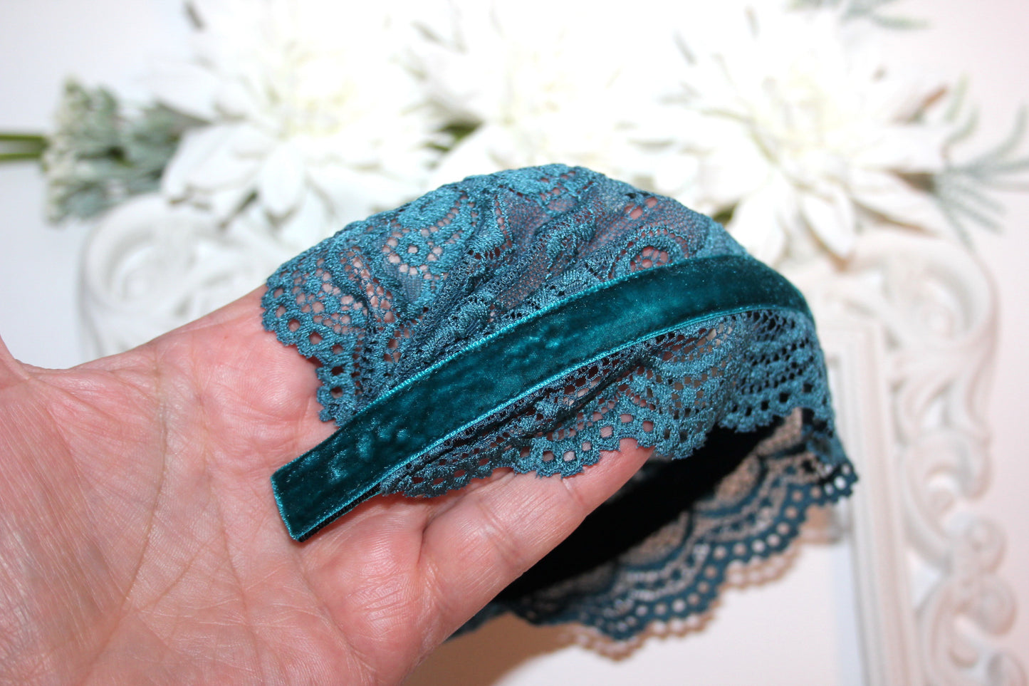 Dark Teal Blue lace headband 6"inch Christian veil Structured head cover, plastic free