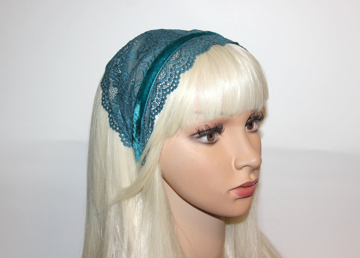Dark Teal Blue lace headband 6"inch Christian veil Structured head cover, plastic free