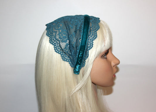 Dark Teal Blue lace headband 6"inch Christian veil Structured head cover, plastic free