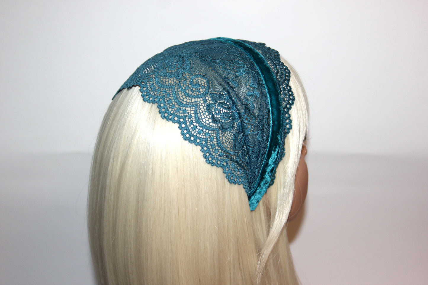 Dark Teal Blue lace headband 6"inch Christian veil Structured head cover, plastic free