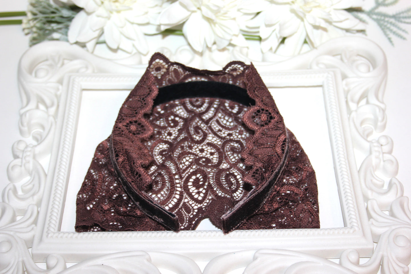 Coffee Brown lace headband 7" inch Christian veil Structured religious head cover, plastic free