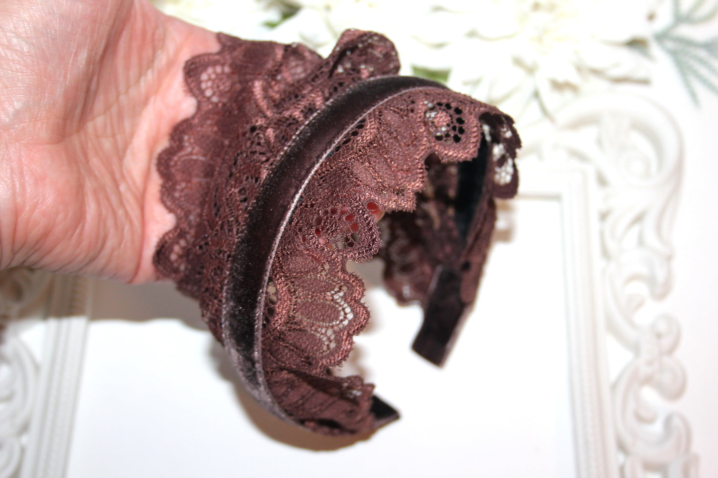 Coffee Brown lace headband 7" inch Christian veil Structured religious head cover, plastic free