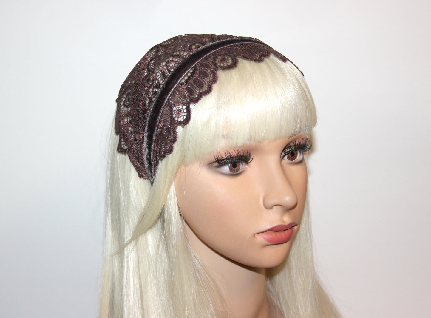 Coffee Brown lace headband 7" inch Christian veil Structured religious head cover, plastic free