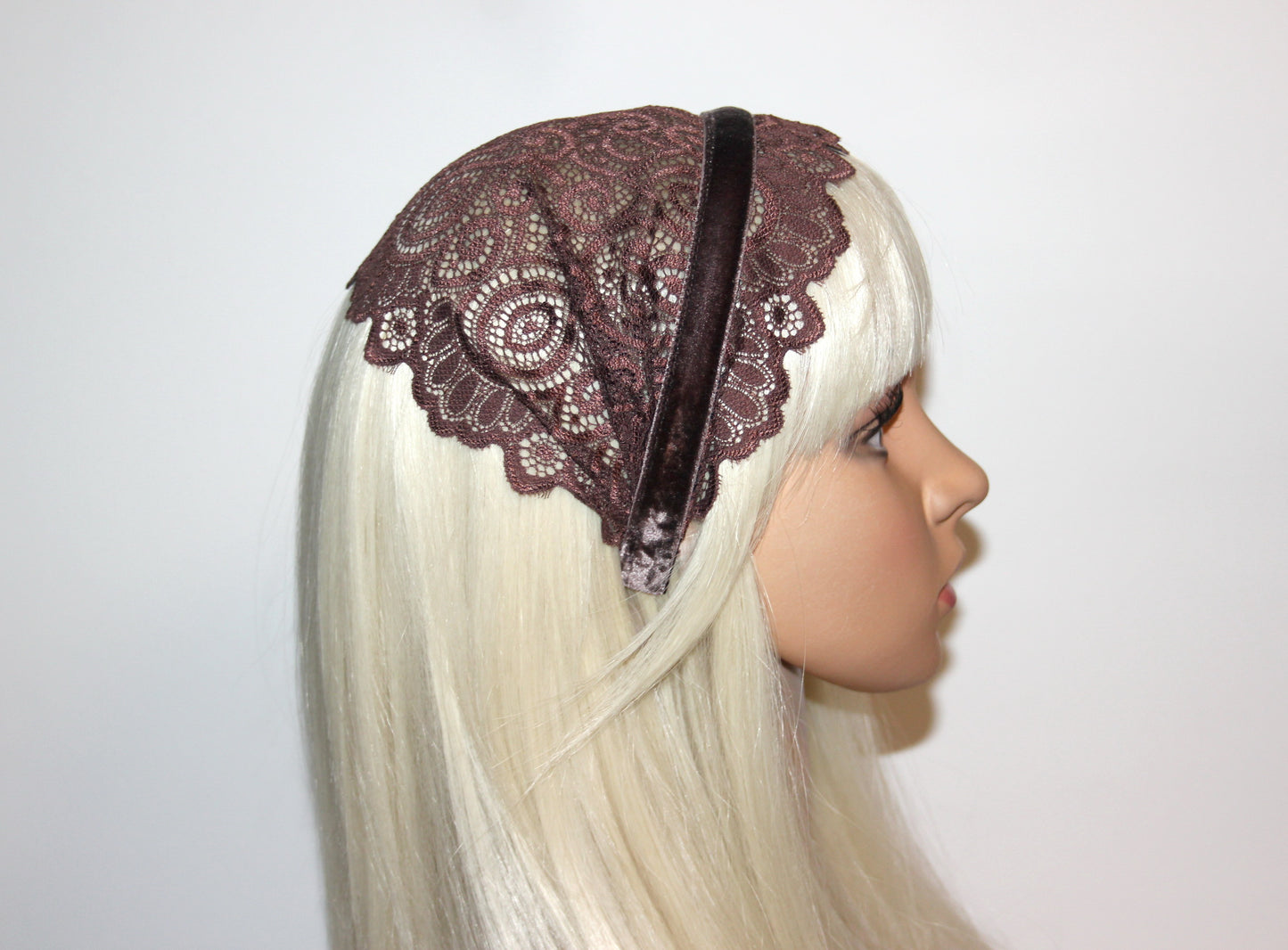 Coffee Brown lace headband 7" inch Christian veil Structured religious head cover, plastic free