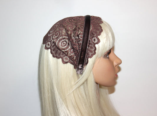 Coffee Brown lace headband 7" inch Christian veil Structured religious head cover, plastic free