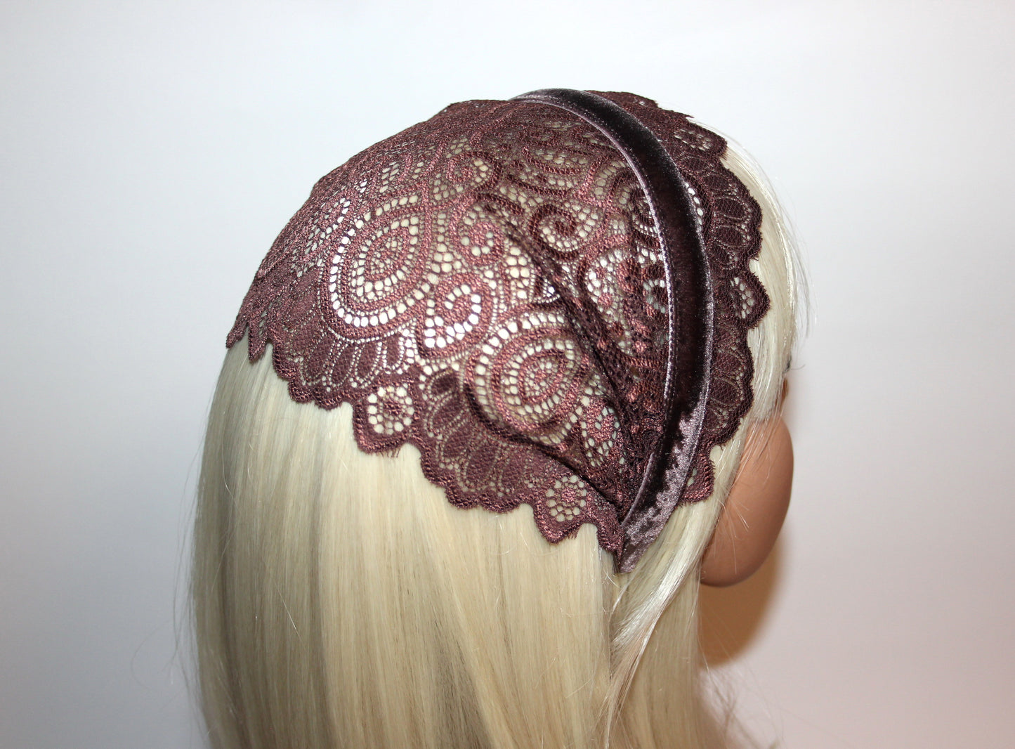 Coffee Brown lace headband 7" inch Christian veil Structured religious head cover, plastic free