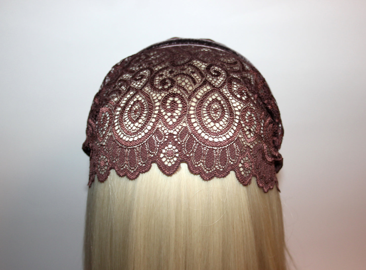 Coffee Brown lace headband 7" inch Christian veil Structured religious head cover, plastic free