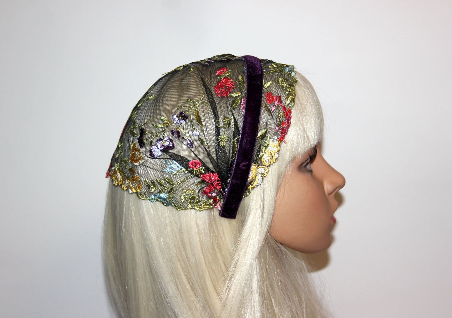Embroidered prayer veil 9"inch Colorful lace head covering Structured religious headband, plastic free