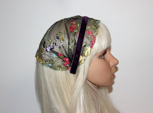 Embroidered prayer veil 9"inch Colorful lace head covering Structured religious headband, plastic free