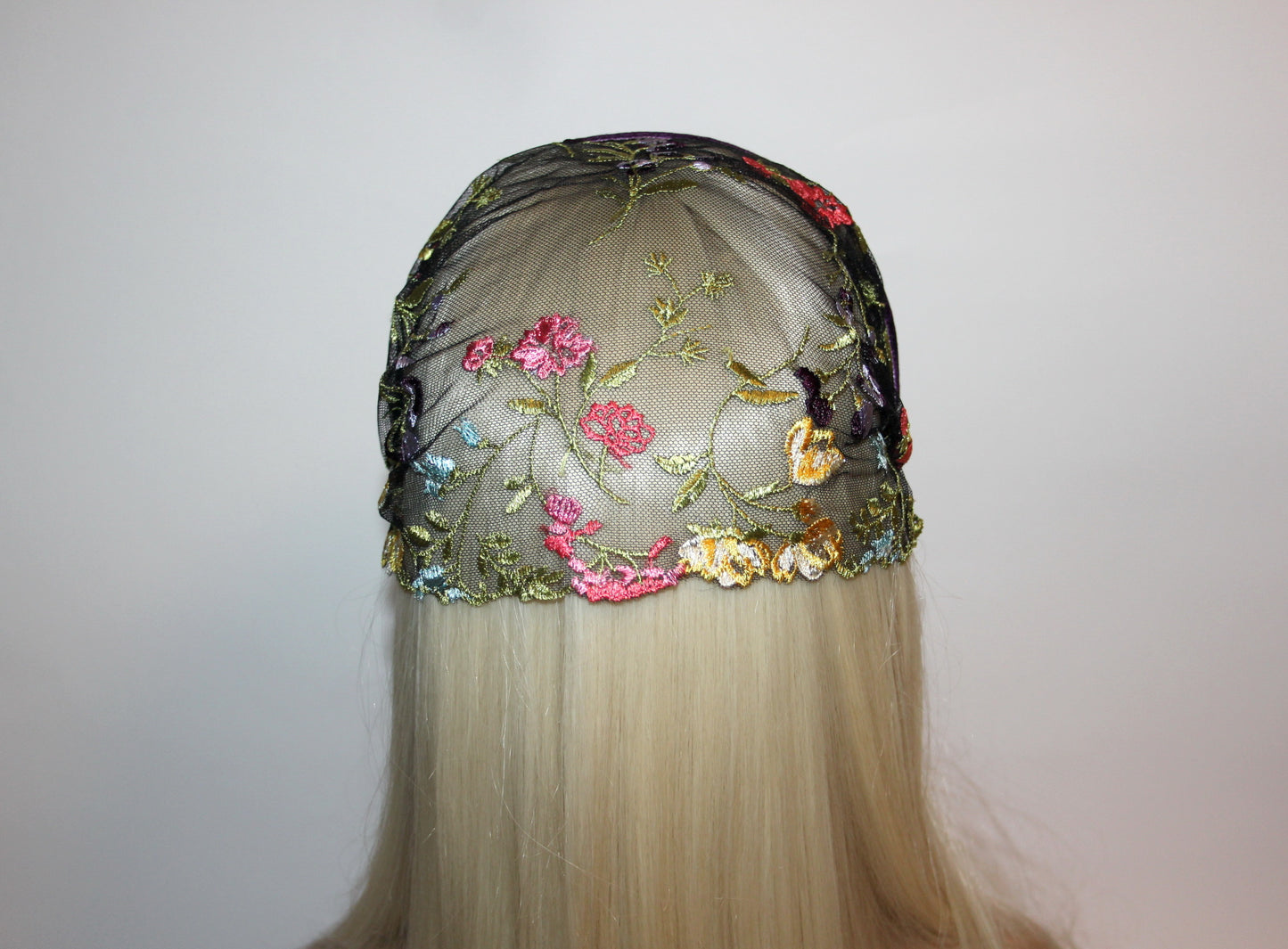 Embroidered prayer veil 9"inch Colorful lace head covering Structured religious headband, plastic free