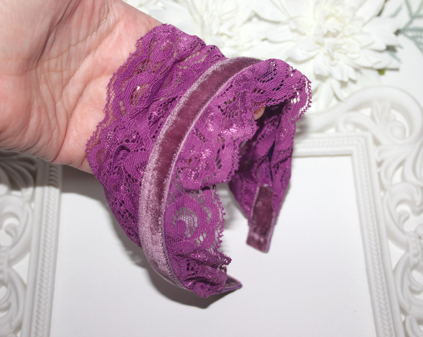 Christian prayer veil Magenta structured lace headband 6"inches church head cover, plastic free