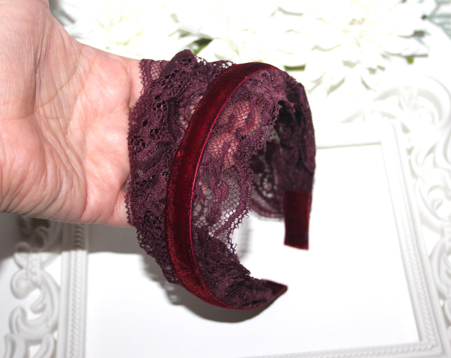 Maroon prayer veil 6"inch Christian lace headband Structured religious head cover, plastic free
