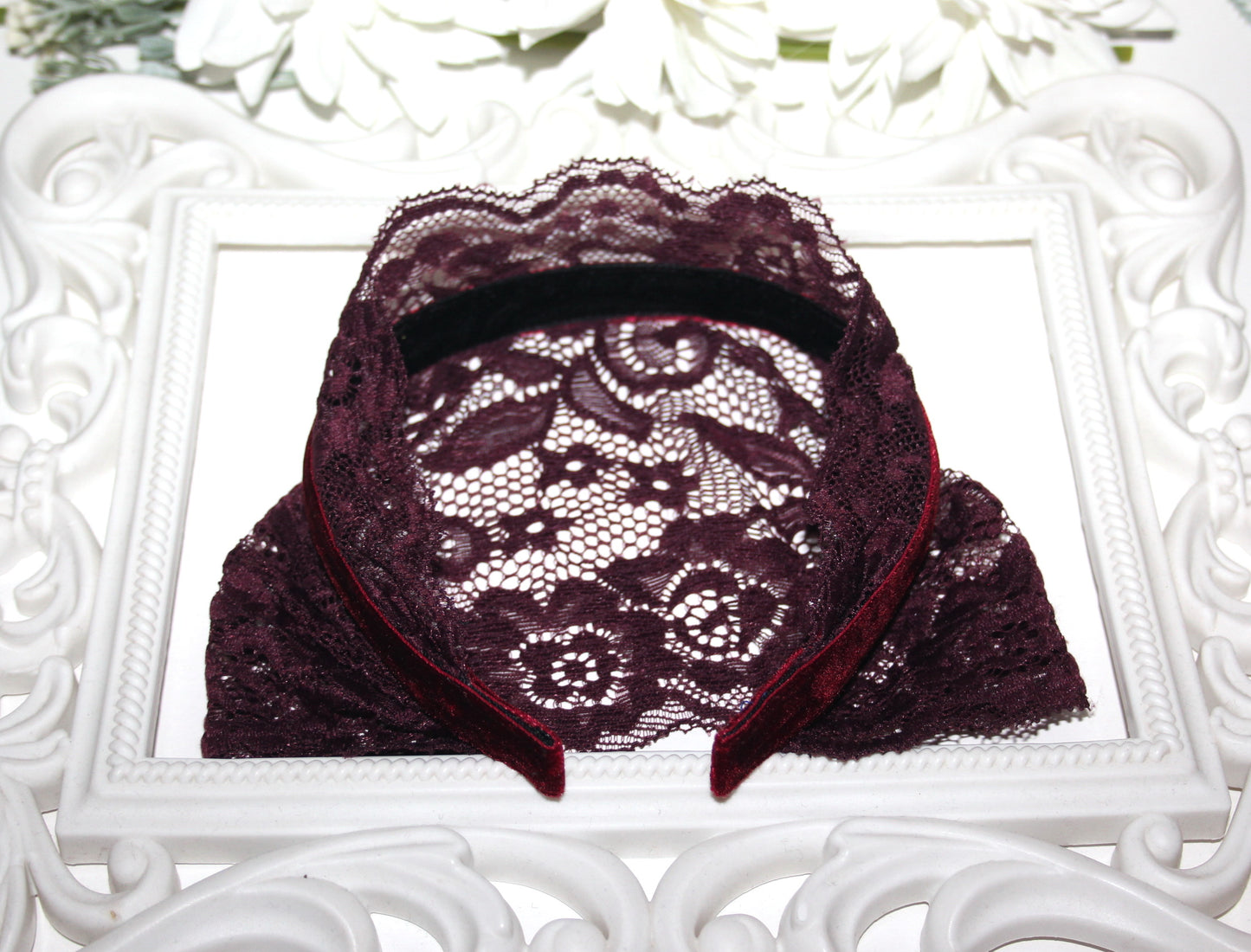 Maroon prayer veil 6"inch Christian lace headband Structured religious head cover, plastic free
