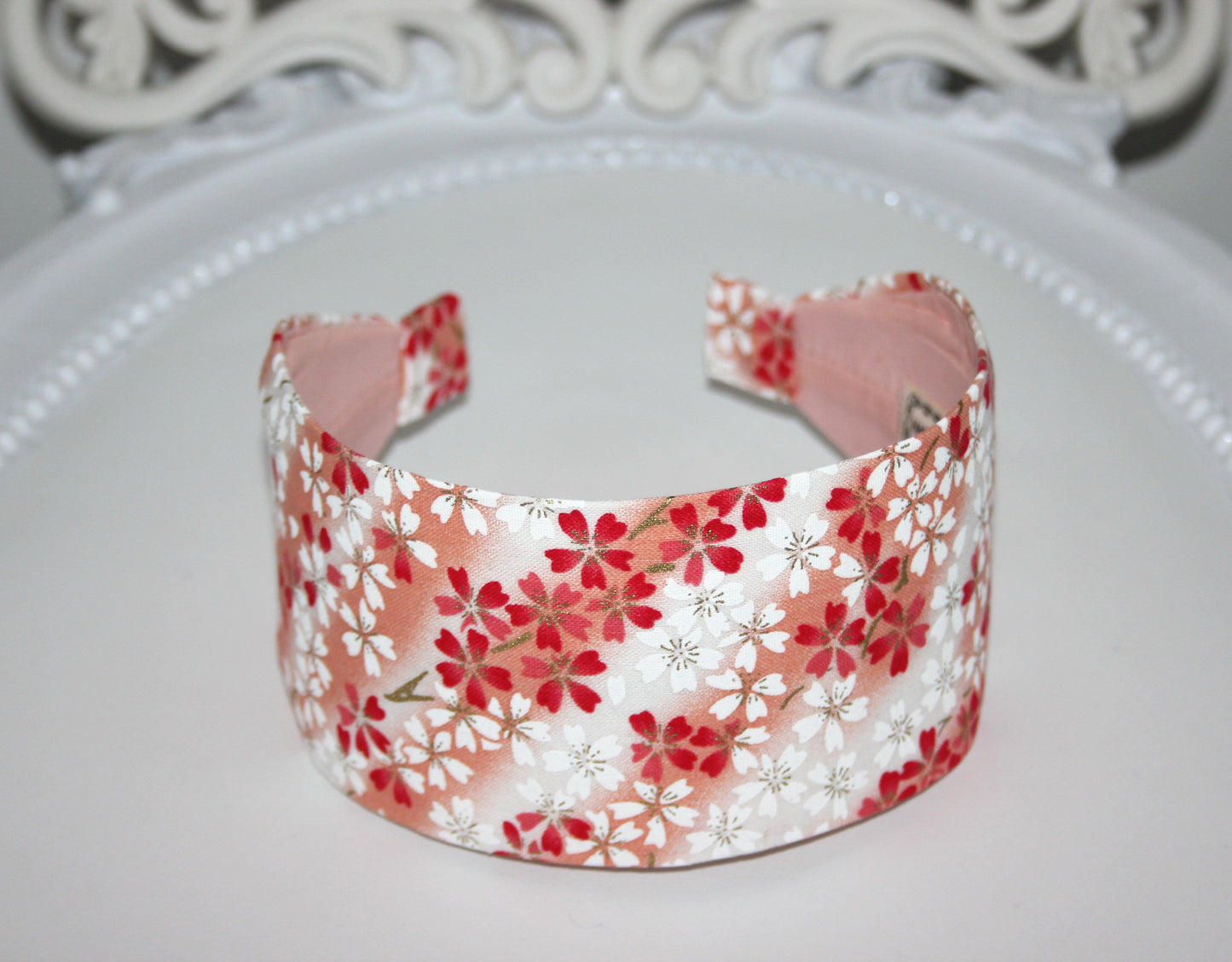 Coral headband for women Japanese flower print hair scarf