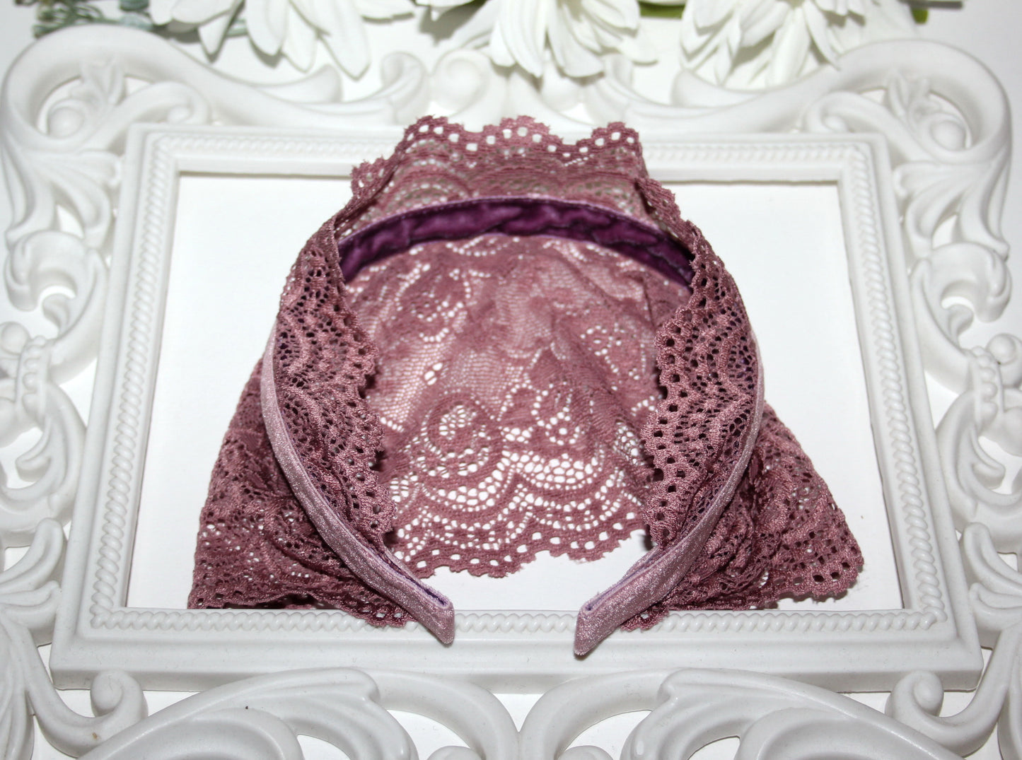 Christian prayer veil 6"inch Dusty Pink structured lace headband Church head cover, plastic free