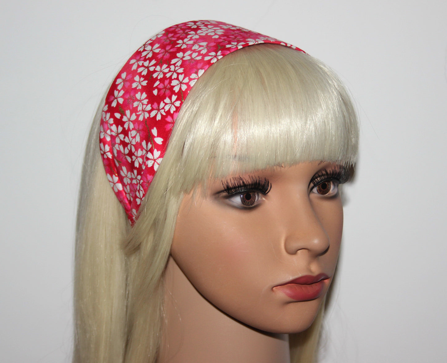 Japanese flower print headband for women. Red cotton fabric head scarf
