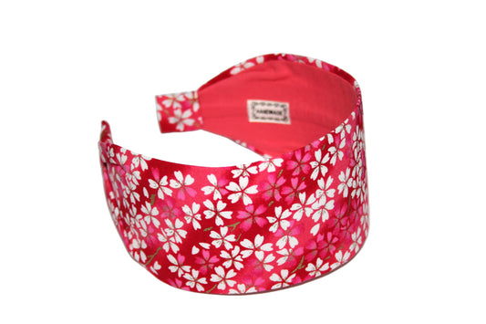 Japanese flower print headband for women. Red cotton fabric head scarf
