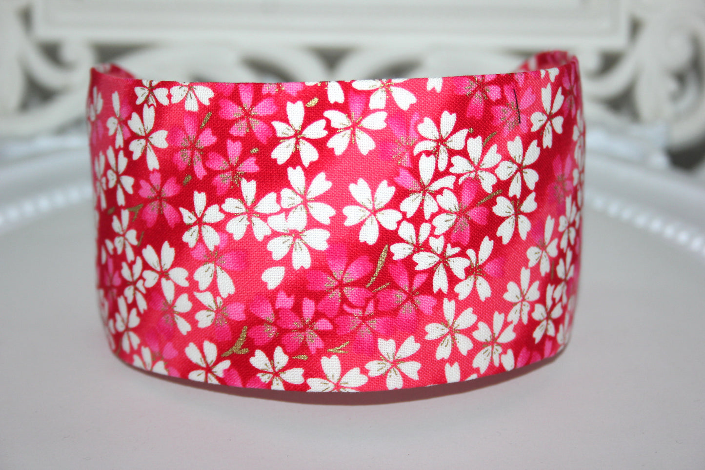 Japanese flower print headband for women. Red cotton fabric head scarf