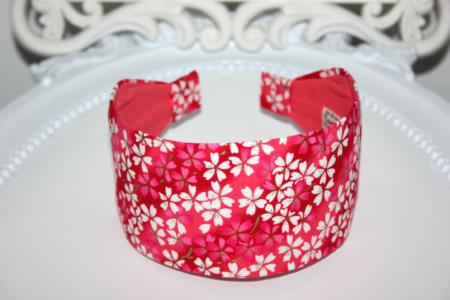Japanese flower print headband for women. Red cotton fabric head scarf