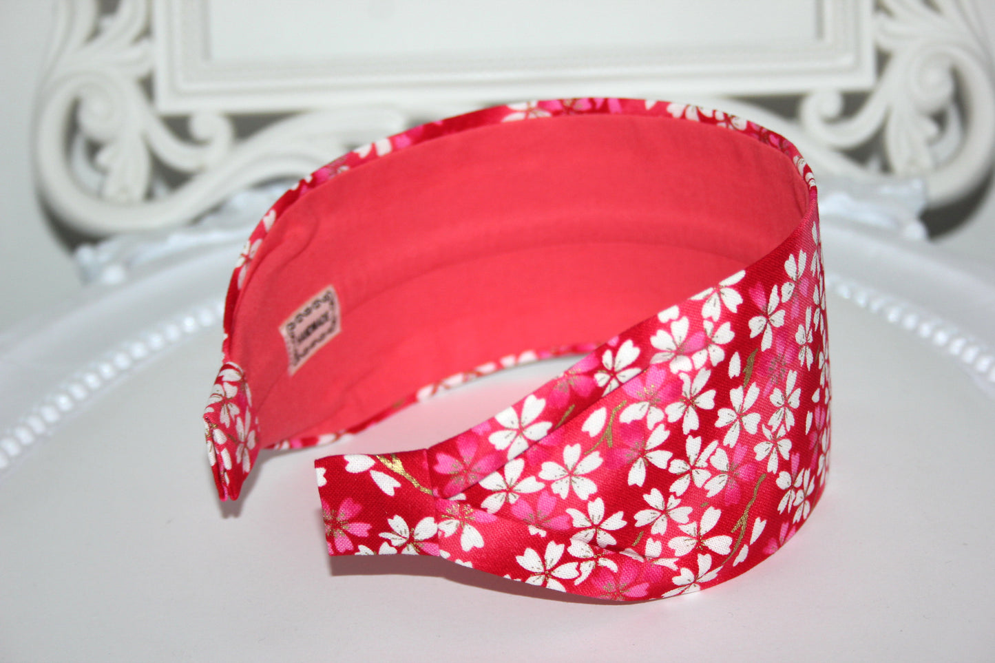 Japanese flower print headband for women. Red cotton fabric head scarf