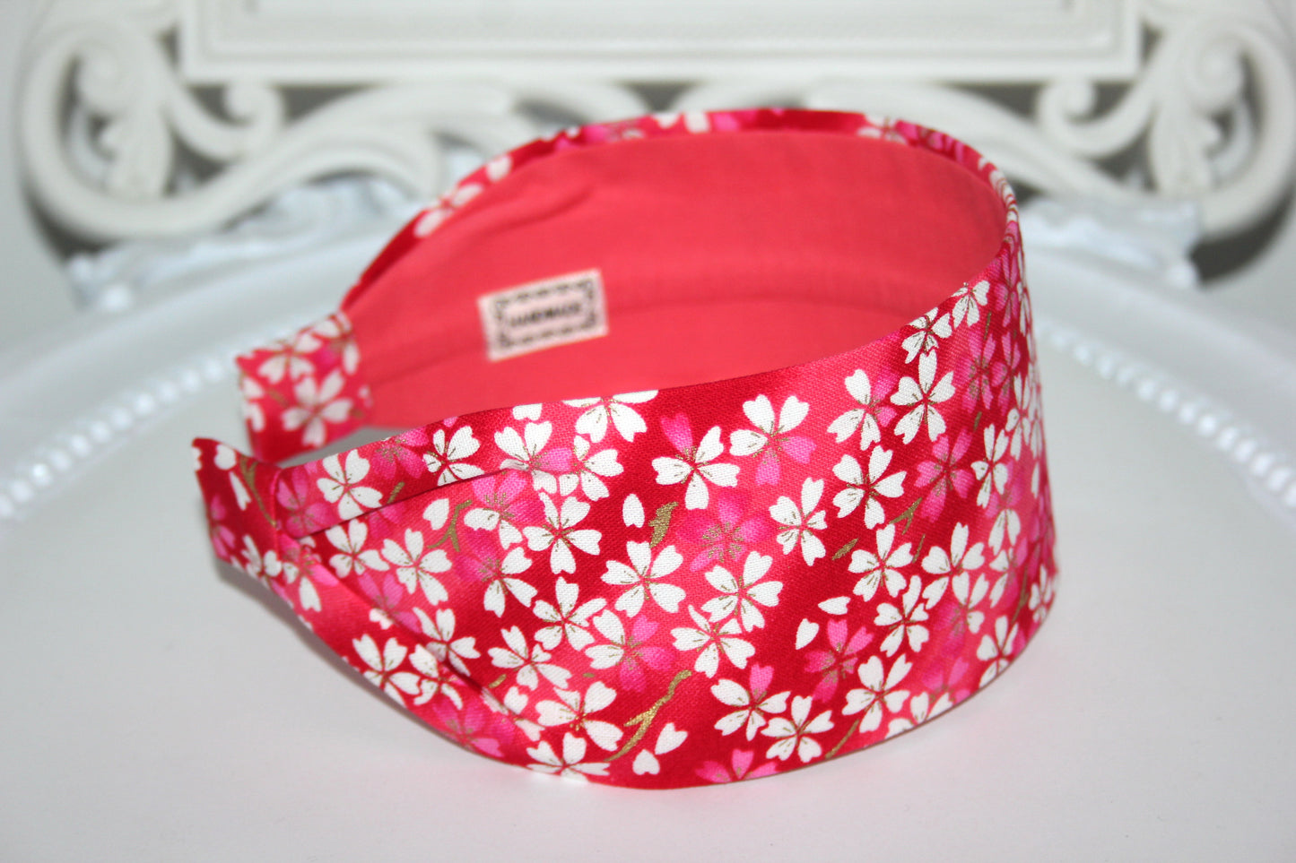 Japanese flower print headband for women. Red cotton fabric head scarf