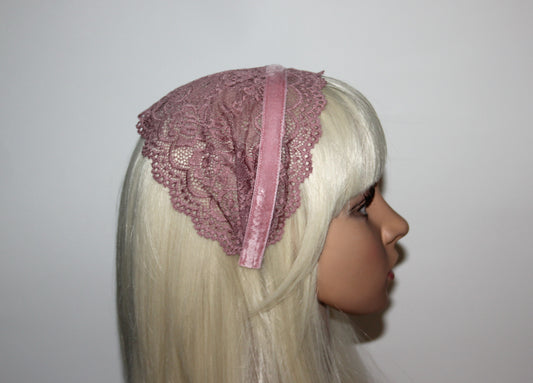 Christian prayer veil 6"inch Dusty Pink structured lace headband Church head cover, plastic free
