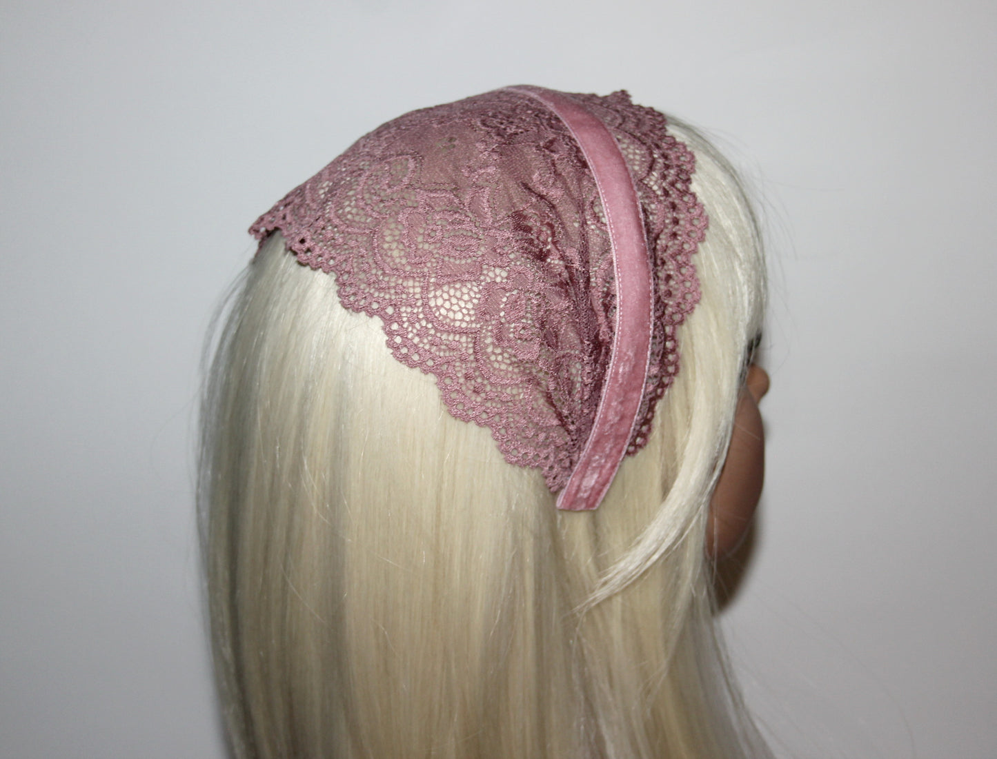 Christian prayer veil 6"inch Dusty Pink structured lace headband Church head cover, plastic free