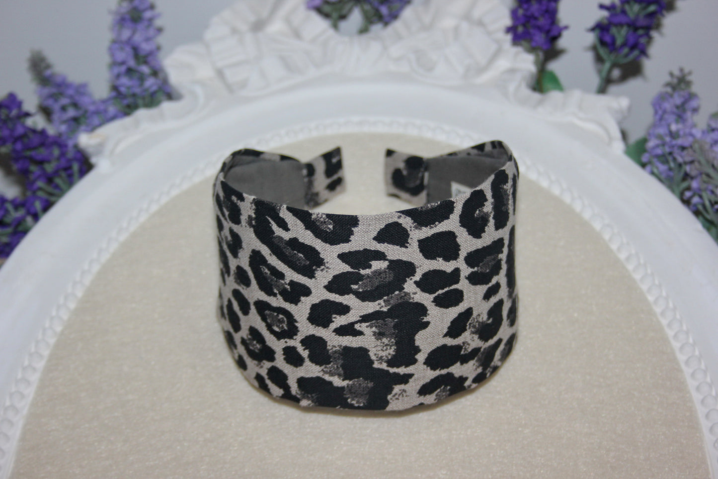 Animal print linen headband women Gray and Black head scarf