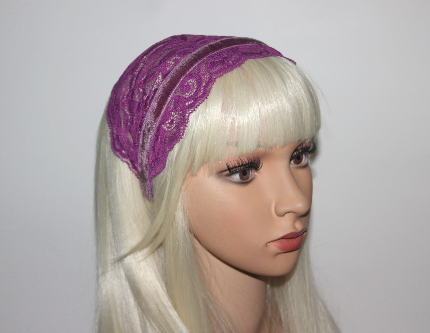 Christian prayer veil Magenta structured lace headband 6"inches church head cover, plastic free