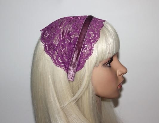 Christian prayer veil Magenta structured lace headband 6"inches church head cover, plastic free
