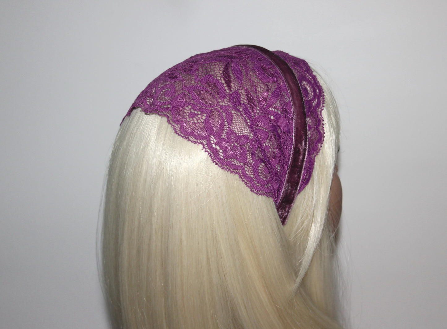 Christian prayer veil Magenta structured lace headband 6"inches church head cover, plastic free