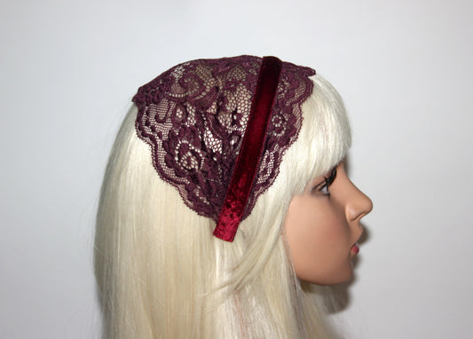 Maroon prayer veil 6"inch Christian lace headband Structured religious head cover, plastic free