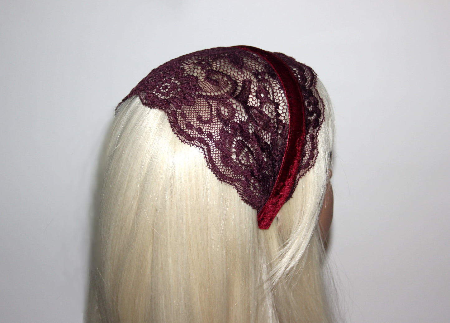 Maroon prayer veil 6"inch Christian lace headband Structured religious head cover, plastic free