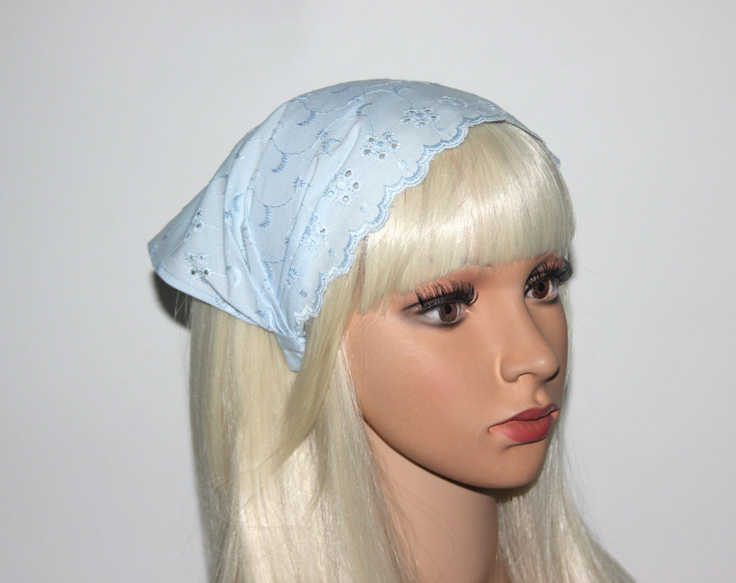 Blue hair kerchief Eyelet cotton bandana headband Triangle summer head piece