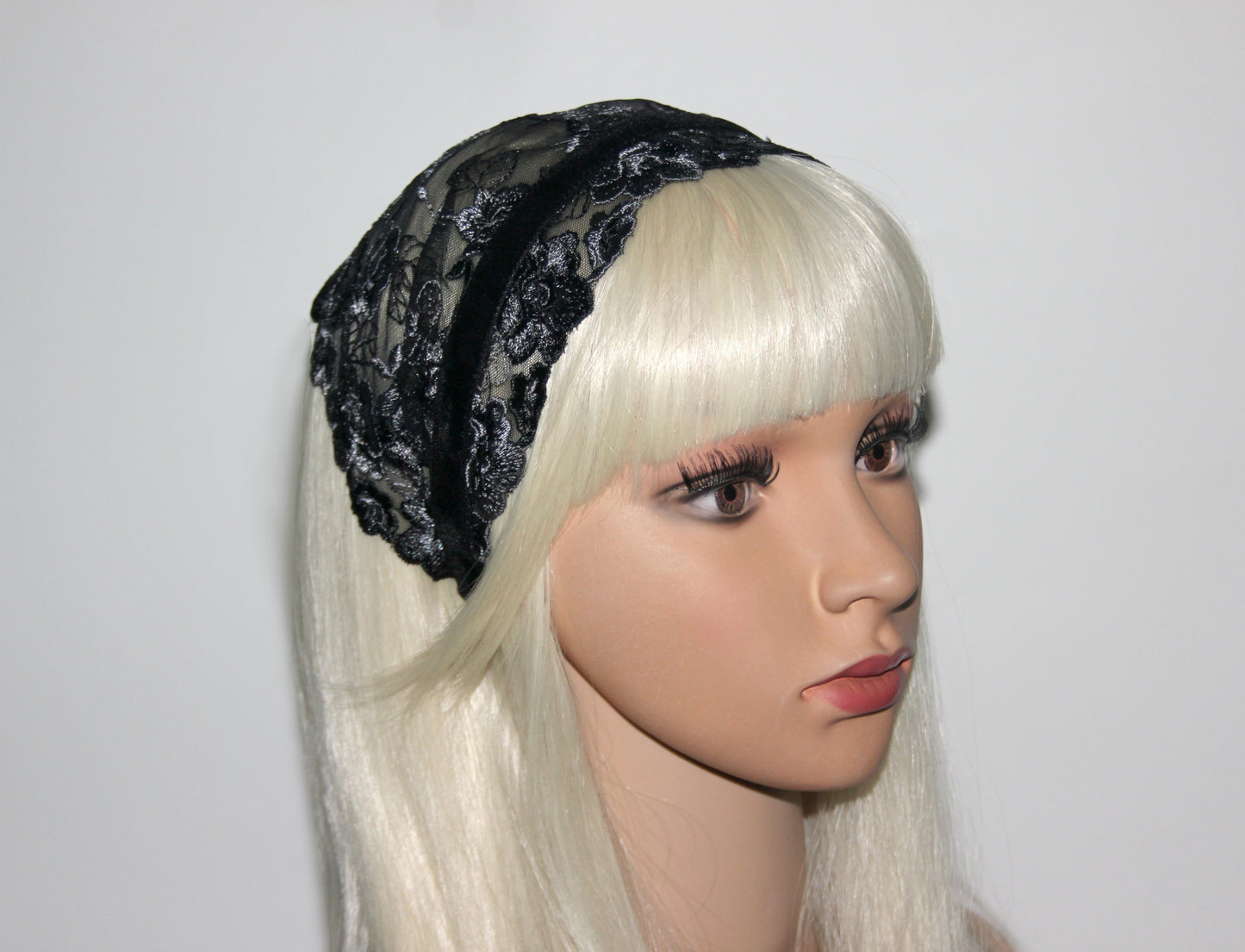 Black & Gray lace veil 6.3"inch prayer headband Structured religious head cover, plastic free