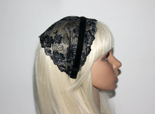 Black & Gray lace veil 6.3"inch prayer headband Structured religious head cover, plastic free