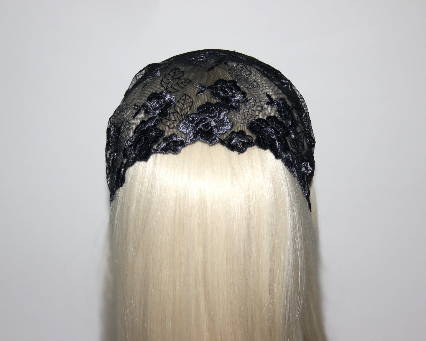 Black & Gray lace veil 6.3"inch prayer headband Structured religious head cover, plastic free