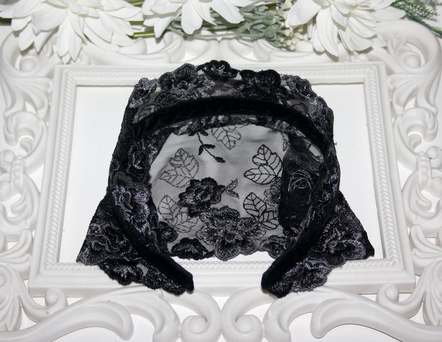 Black & Gray lace veil 6.3"inch prayer headband Structured religious head cover, plastic free