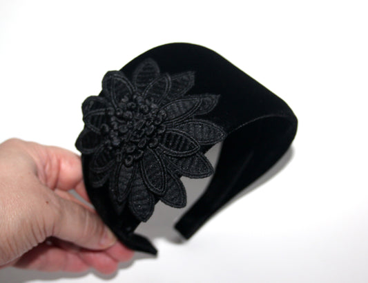 Black velvet headband with flower Extra wide floral hairband scarf, plastic free