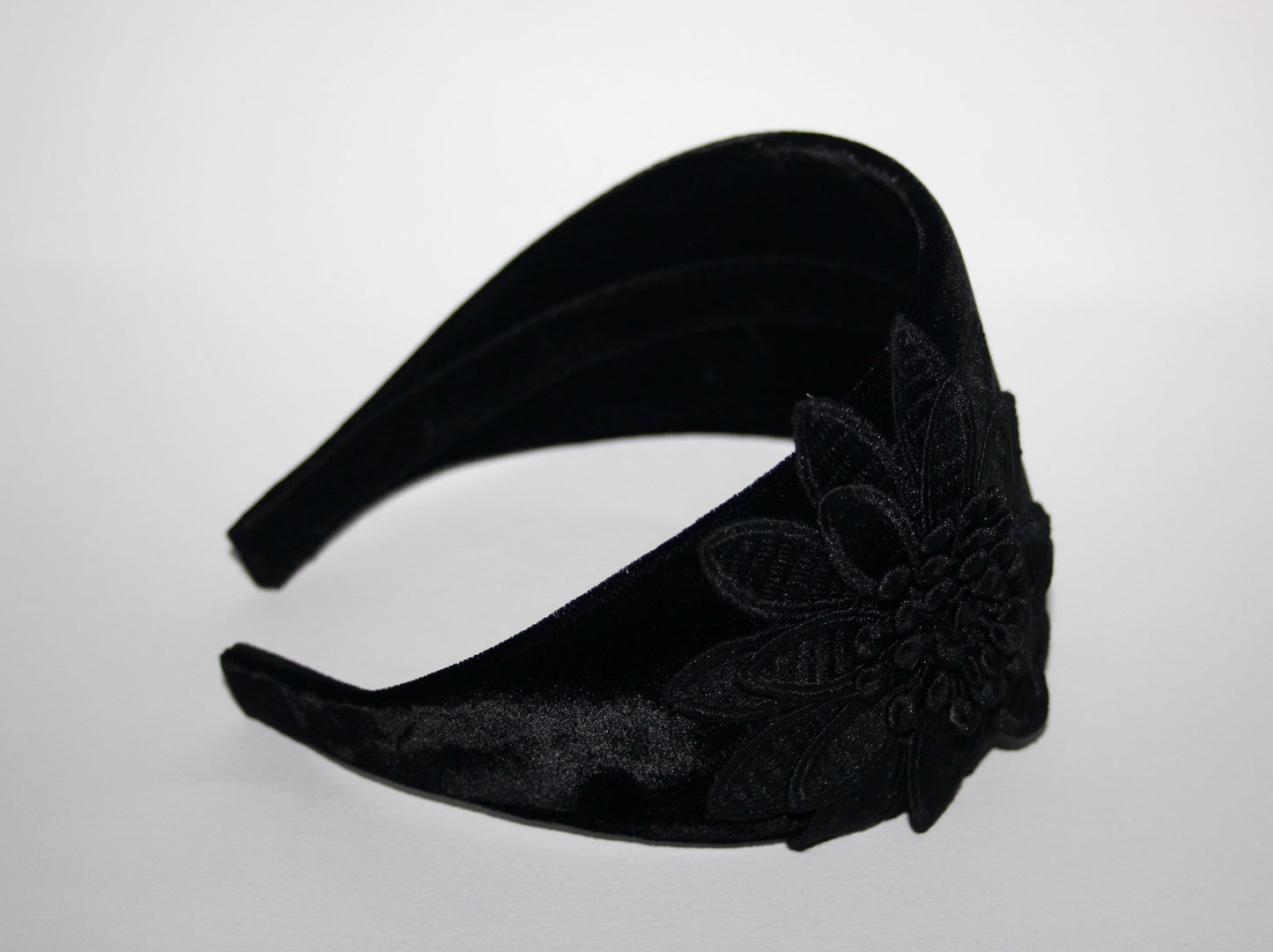 Black velvet headband with flower Extra wide floral hairband scarf, plastic free